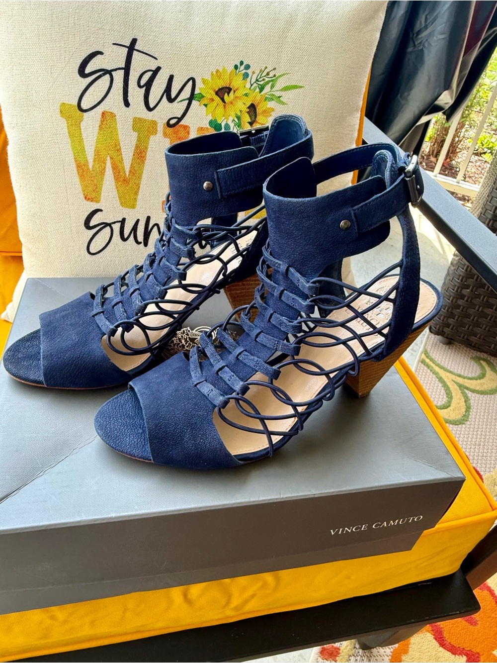 Vince Camuto Navy Suede Strappy Block Heel Sandals